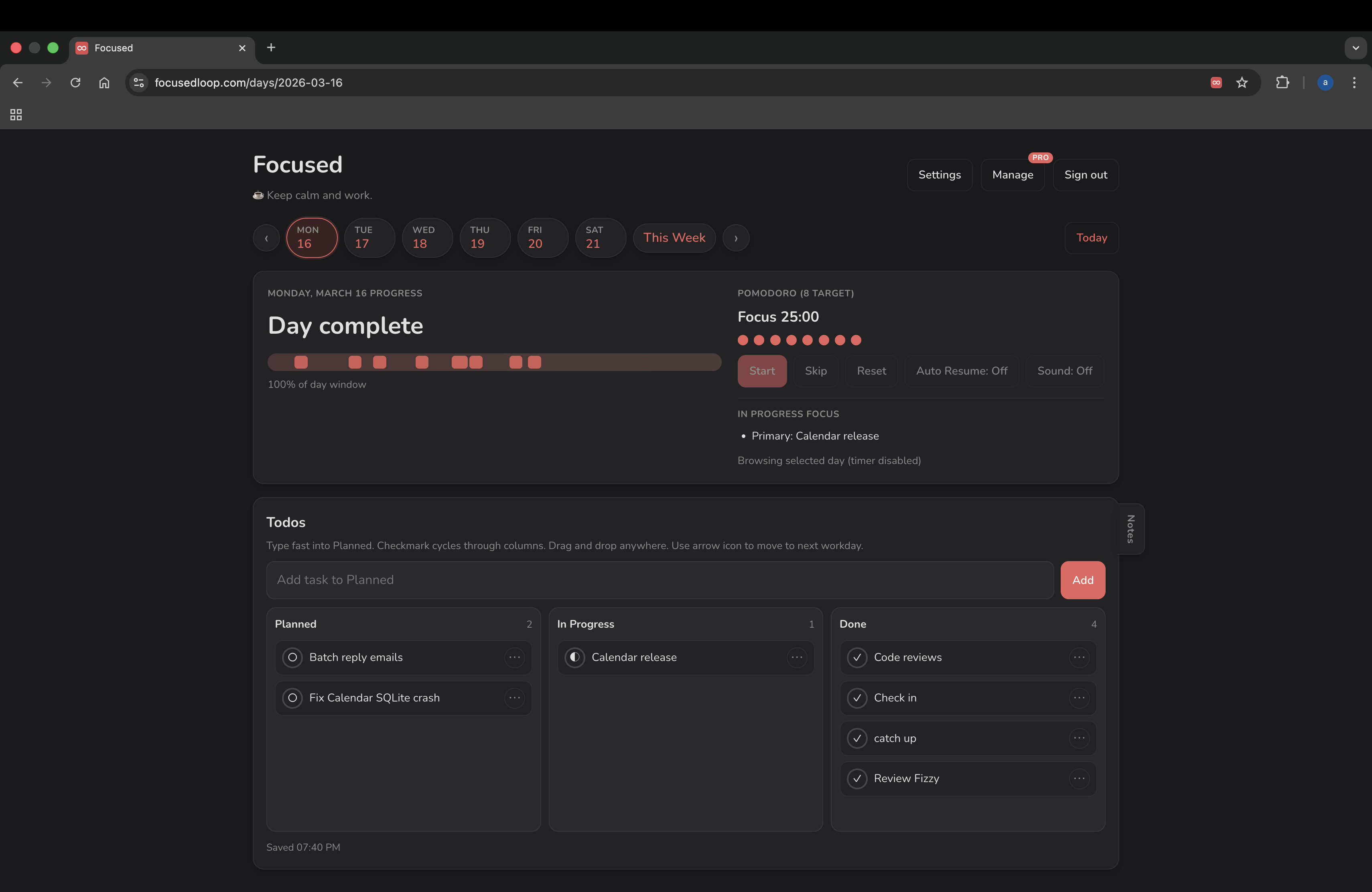 Focused app — kanban board, pomodoro timer, and day progress